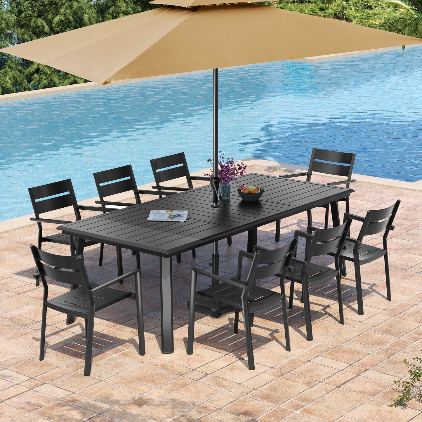 Crestlive Products 94 x 42 In. Rectangular Aluminum Outdoor Dining Table with Umbrella Hole