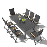 9-piece patio dining set with aluminum expandable table and 8 folding textilene chairs.