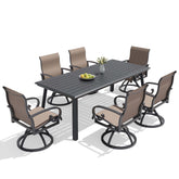 7-piece patio dining set with aluminum expandable table and 6 swivel Sunbrella chairs.