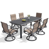 7-piece patio dining set with aluminum expandable table and 6 Sunbrella swivel rockers.