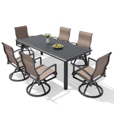 7-piece patio dining set with aluminum expandable table and 6 Sunbrella swivel rockers.