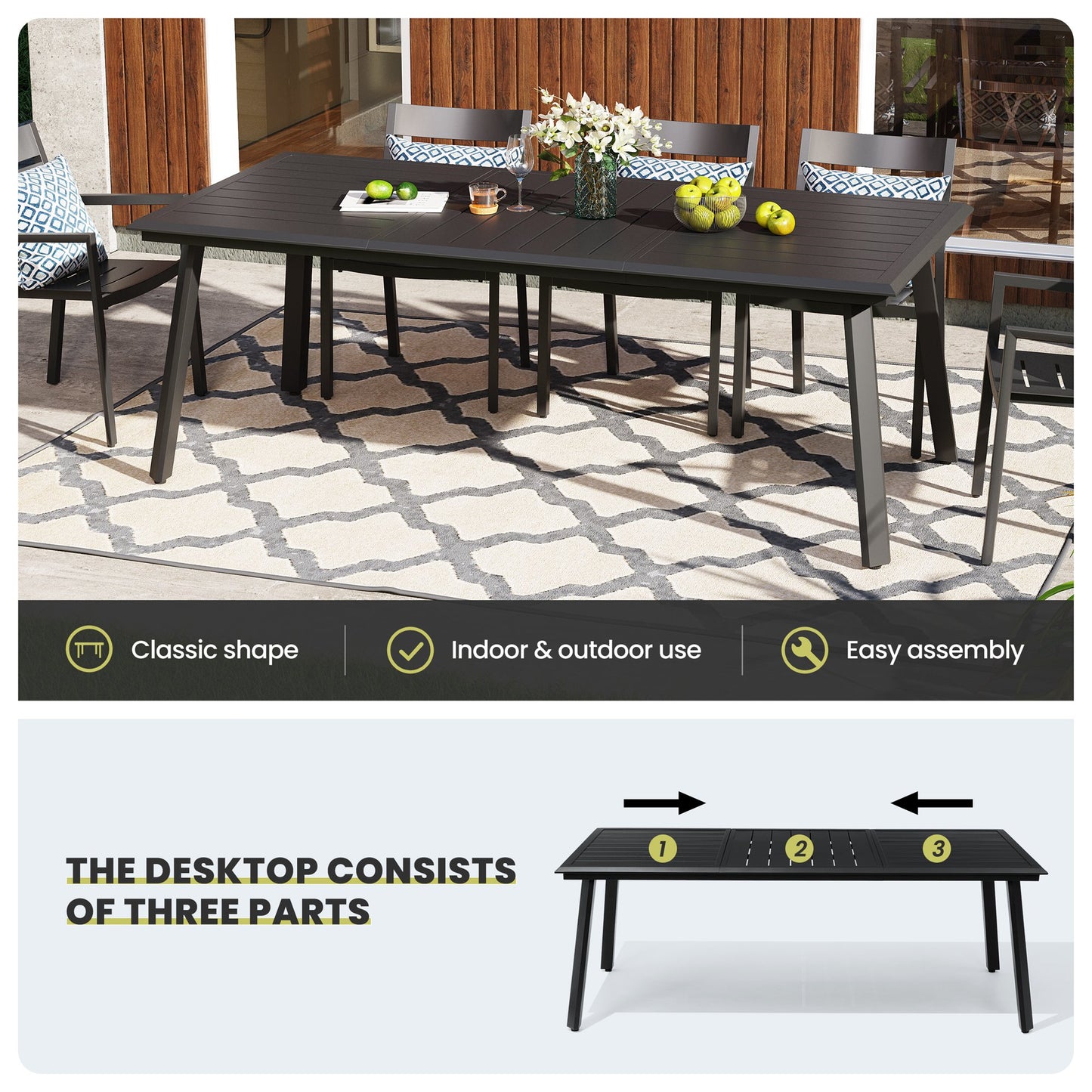 Crestlive Products Patio Aluminum Dining Table with Umbrella Hole for 6-8 People