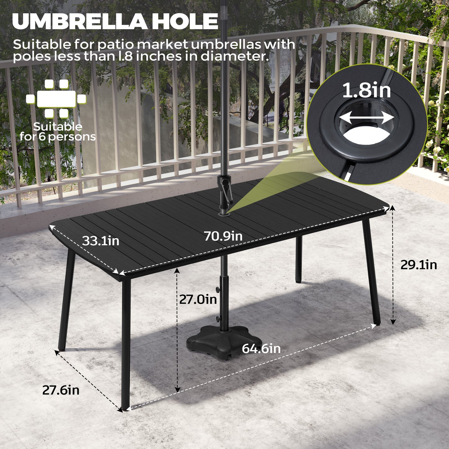 Crestlive Products 71 x 33 in. Aluminum Outdoor Dining Table with Umbrella Hole