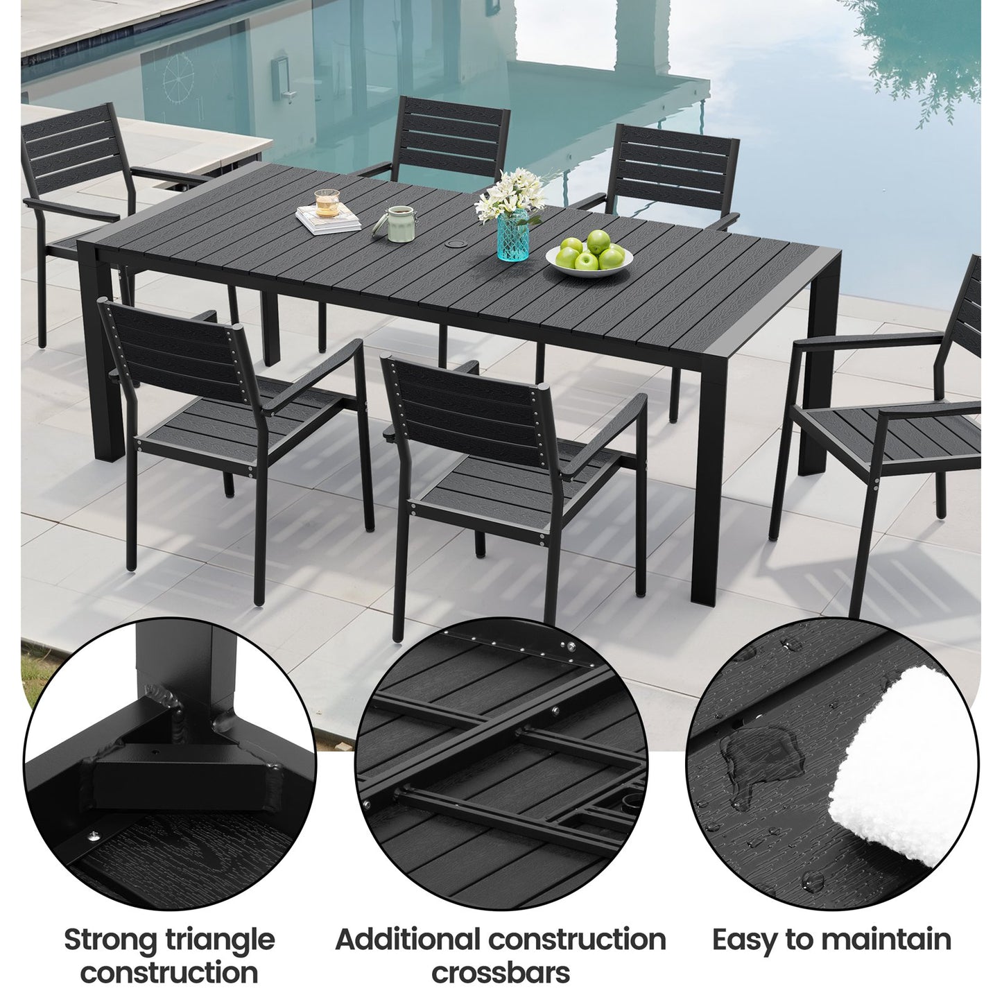 Crestlive Products 7-Piece Outdoor Patio Dining Set with Rectangle Table, Umbrella Hole, and Stackable Chairs