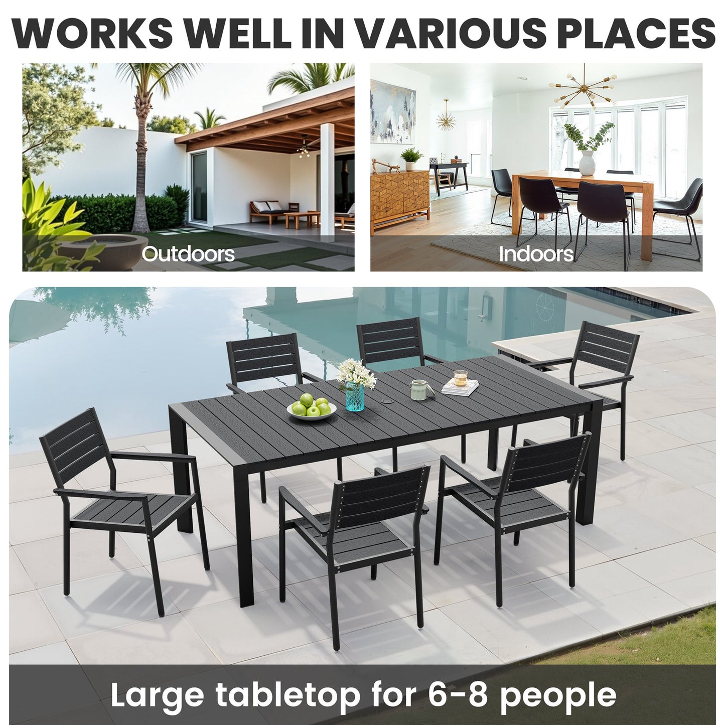 Crestlive Products 7-Piece Outdoor Patio Dining Set with Rectangle Table, Umbrella Hole, and Stackable Chairs
