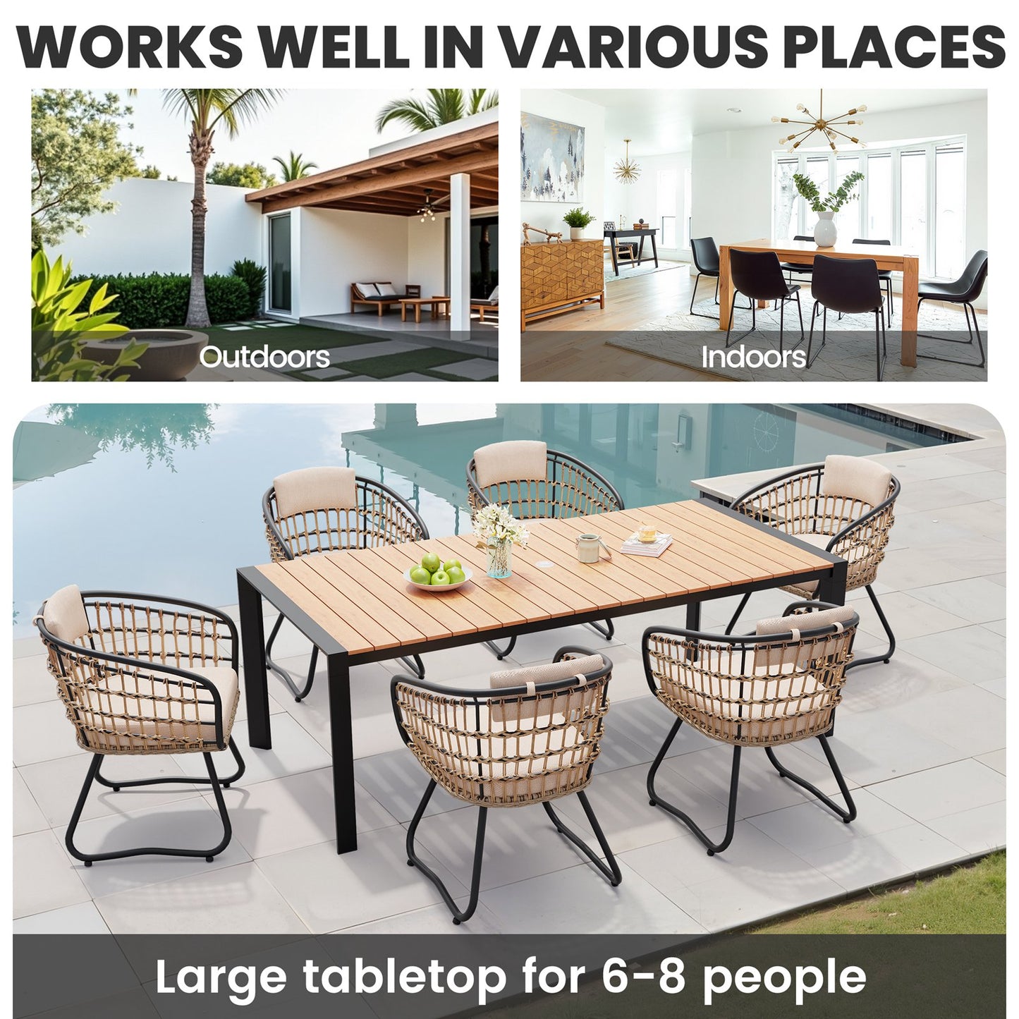 Crestlive Products Outdoor Patio Dining Set Aluminum Table with Umbrella Hole and Rattan Chairs