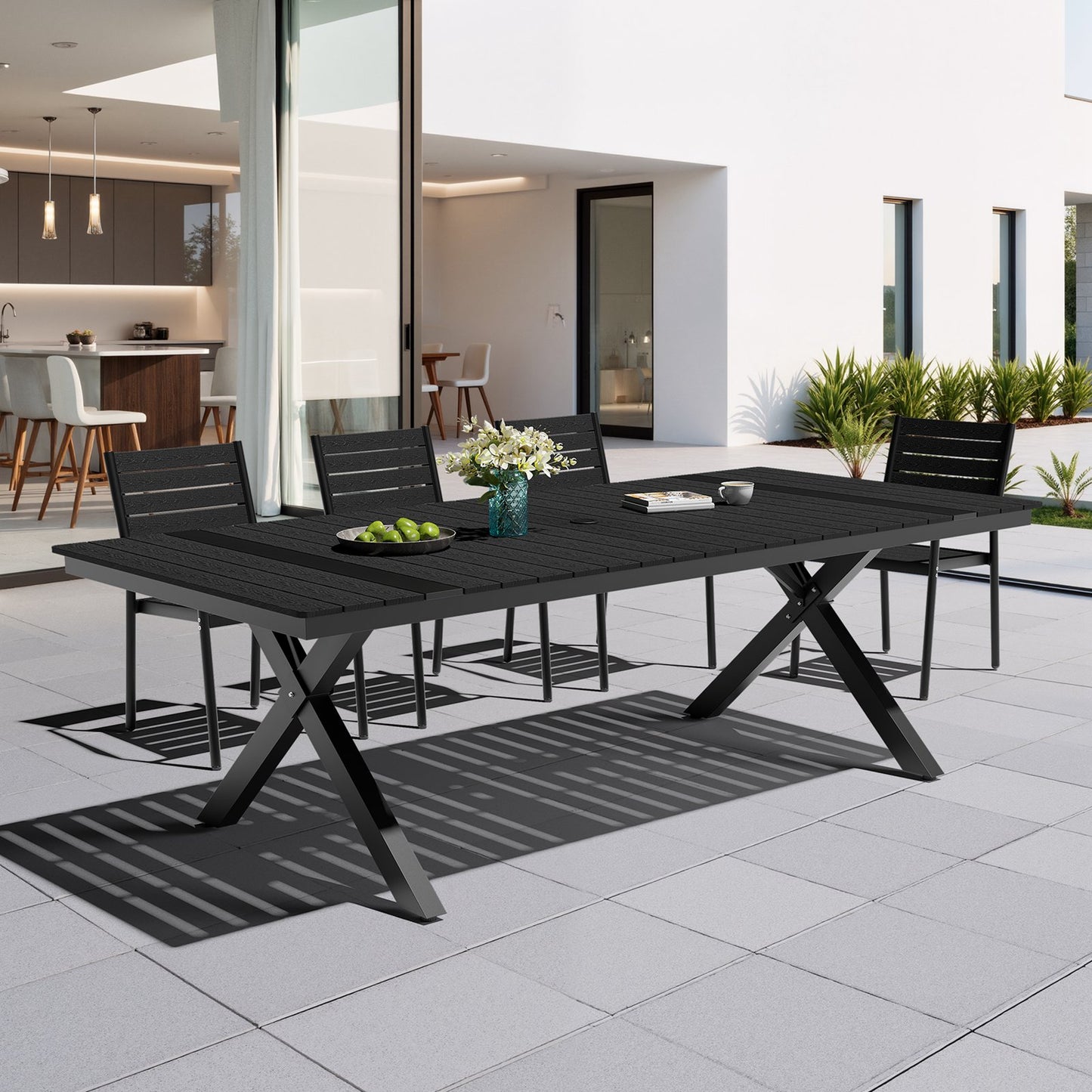 Crestlive Products Outdoor Aluminum Patio Dining Table for 6-12 with Umbrella Hole Waterproof Wood-Like Tabletop