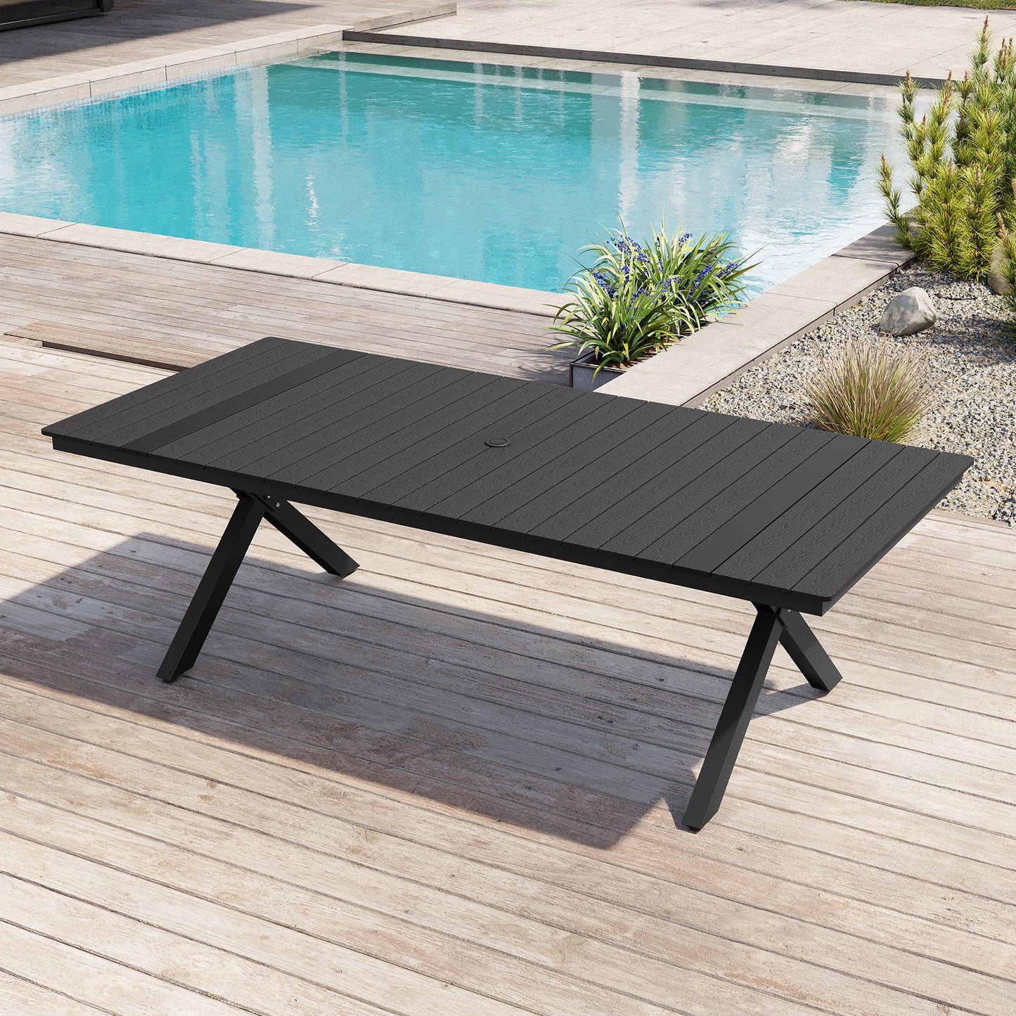 Crestlive Products Outdoor Aluminum Patio Dining Table for 6-12 with Umbrella Hole Waterproof Wood-Like Tabletop