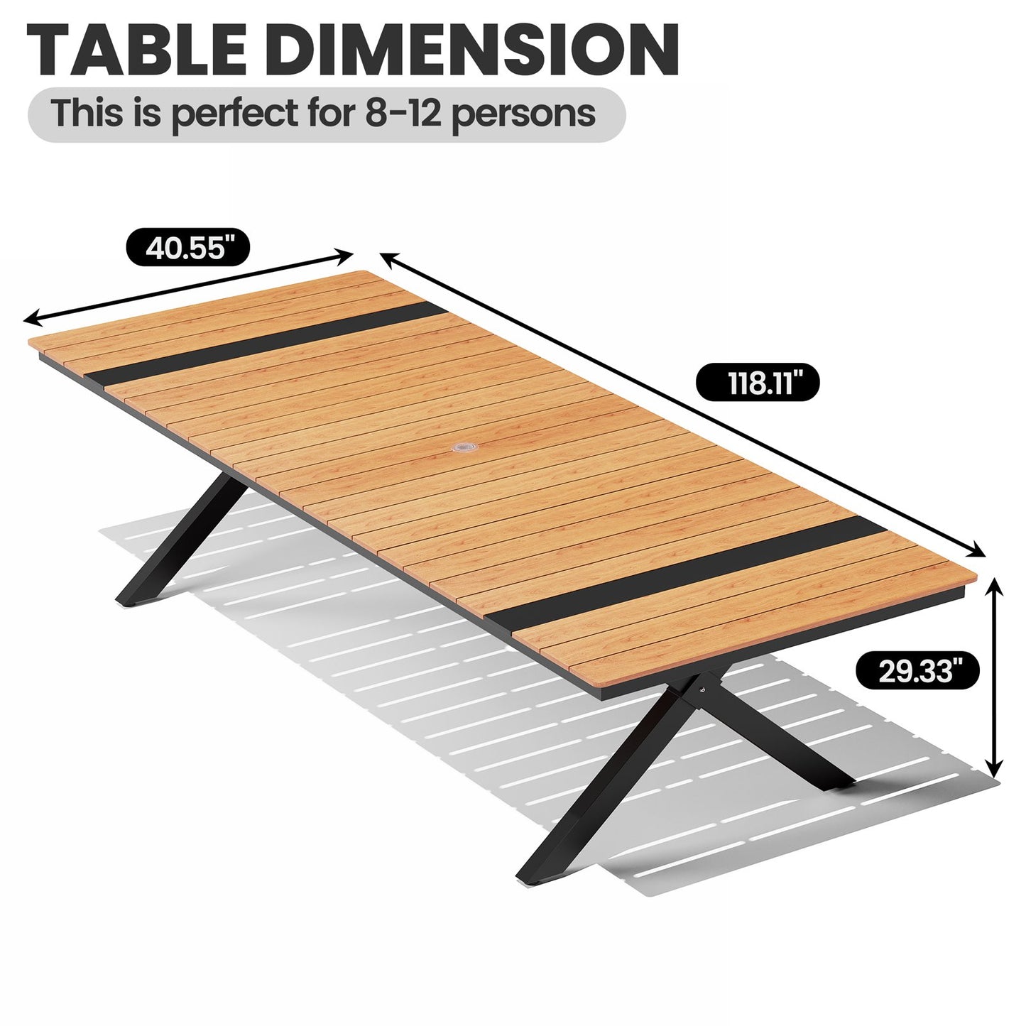 Crestlive Products 118 x 41 In. Rectangular Aluminum Outdoor Dining Table with Umbrella Hole