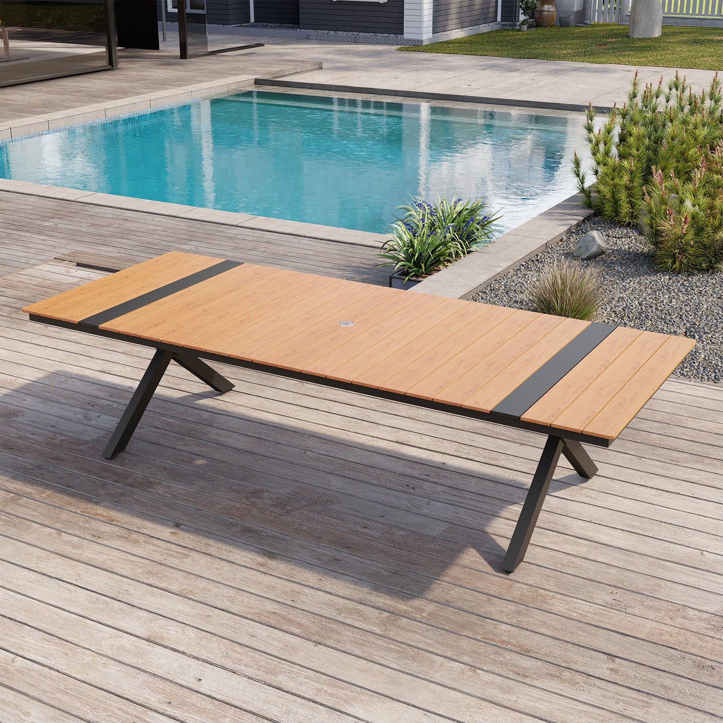 Crestlive Products 118 x 41 In. Rectangular Aluminum Outdoor Dining Table with Umbrella Hole