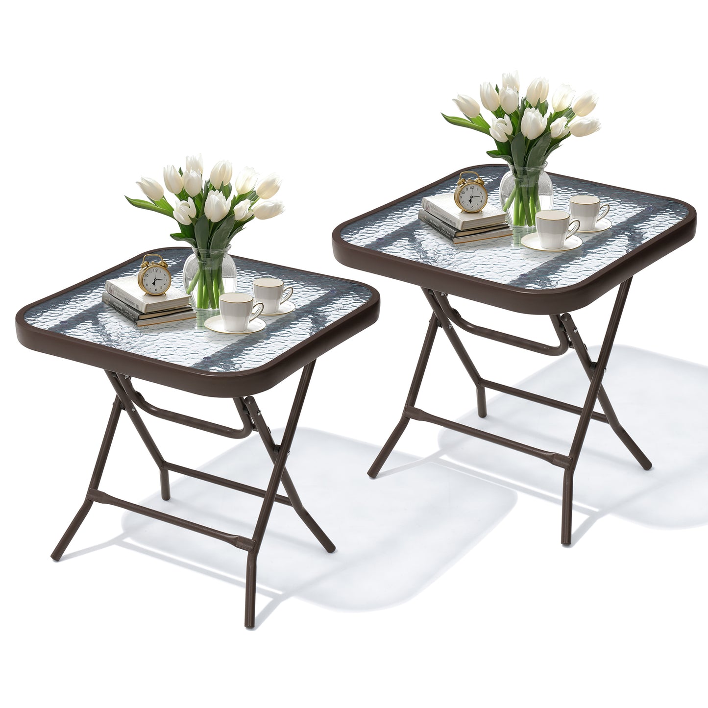 Crestlive Products 18 x 18 in. Foldable Metal Frame Square Glass Top Outdoor Side Table