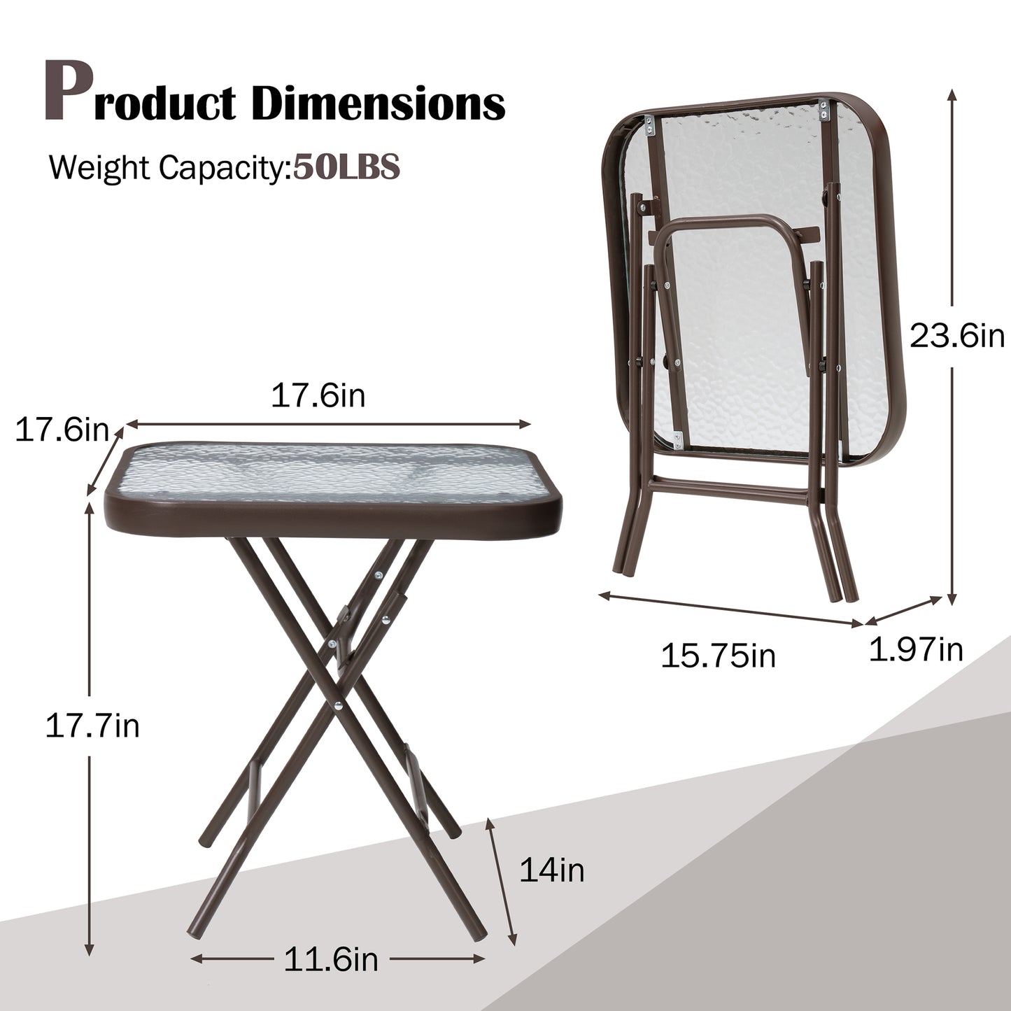 Crestlive Products 18 x 18 in. Foldable Metal Frame Square Glass Top Outdoor Side Table