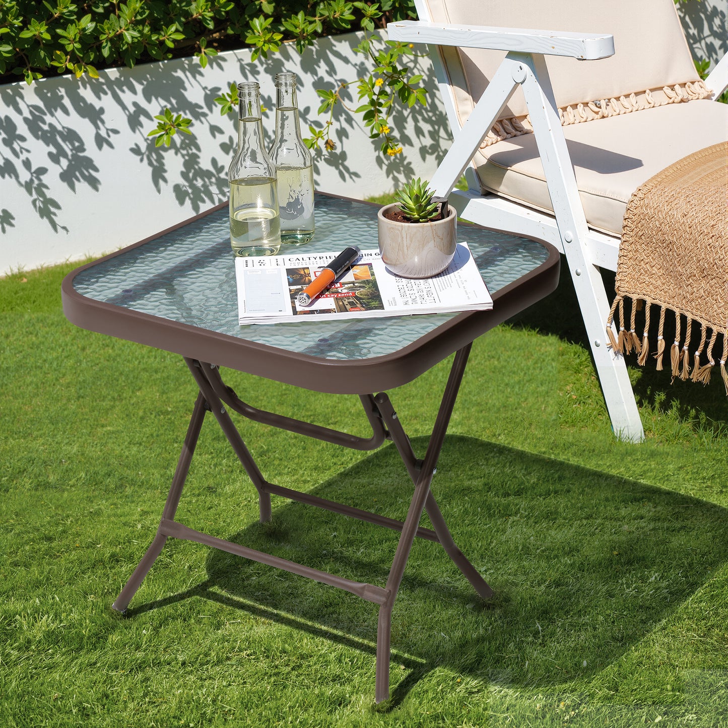 Crestlive Products 18 x 18 in. Foldable Metal Frame Square Glass Top Outdoor Side Table