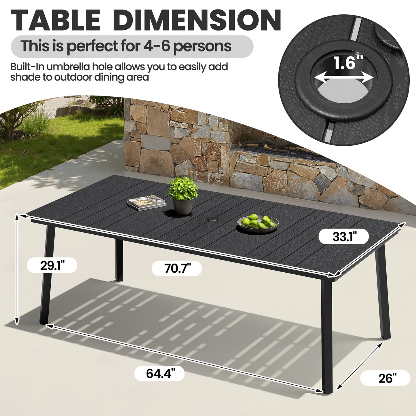 Crestlive Products 71 x 33 in. Rectangle Outdoor Patio Dining Table with Umbrella Hole