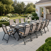 Aluminum 10-12 Person Outdoor Dining Set with Umbrella Hole & Folding Textilene Chairs