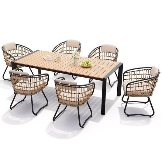 Crestlive Products Outdoor Patio Dining Set Aluminum Table with Umbrella Hole and Rattan Chairs