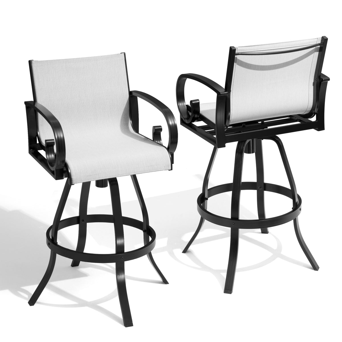 Aluminum swivel outdoor bar stool with grey Sunbrella Textilene fabric
