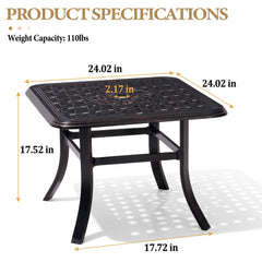24x24" Square Cast Aluminum Outdoor Side Table with Umbrella Hole