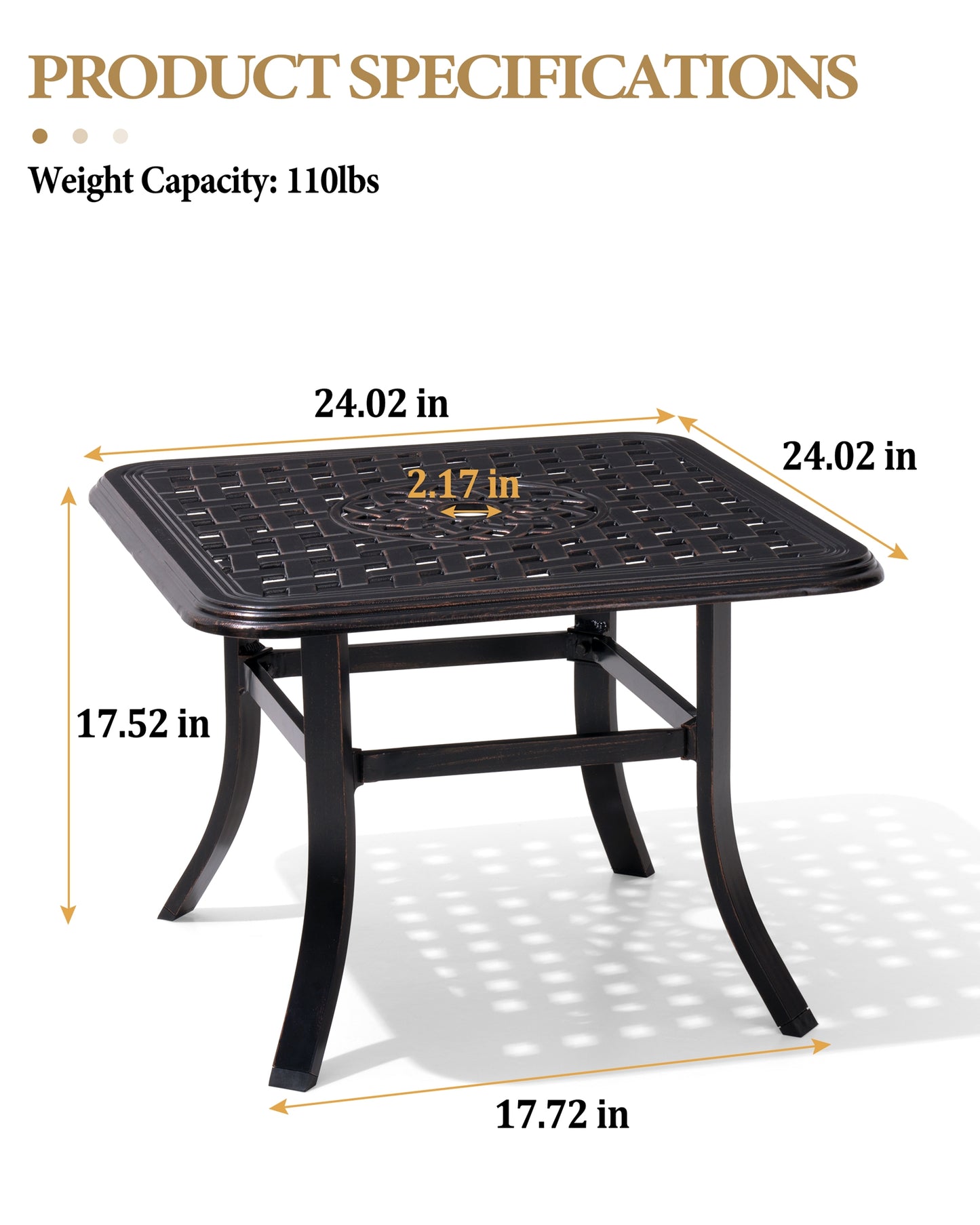 Crestlive Products Black Square Cast Aluminum Outdoor Side Table with Umbrella Hole
