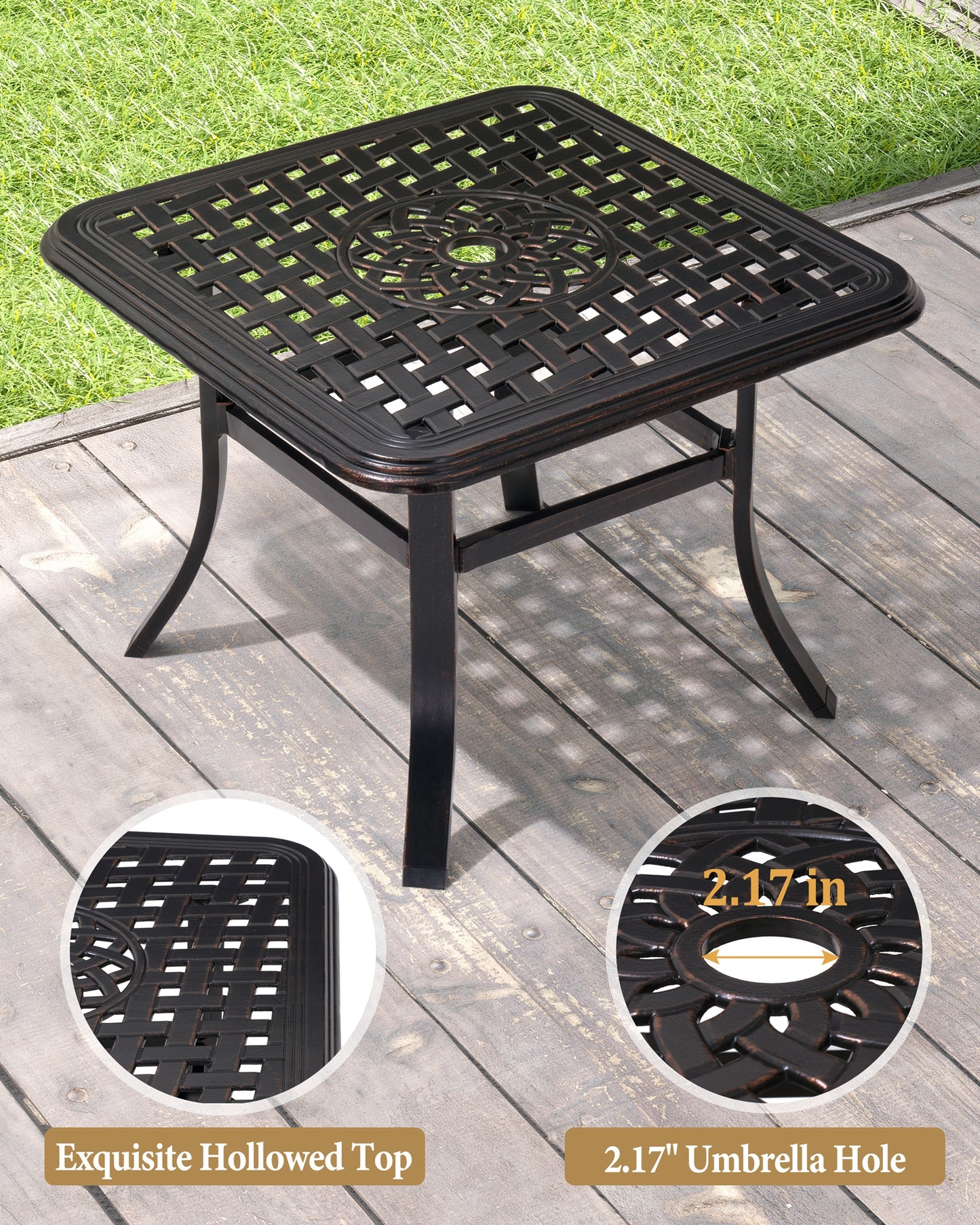 Crestlive Products Black Square Cast Aluminum Outdoor Side Table with Umbrella Hole