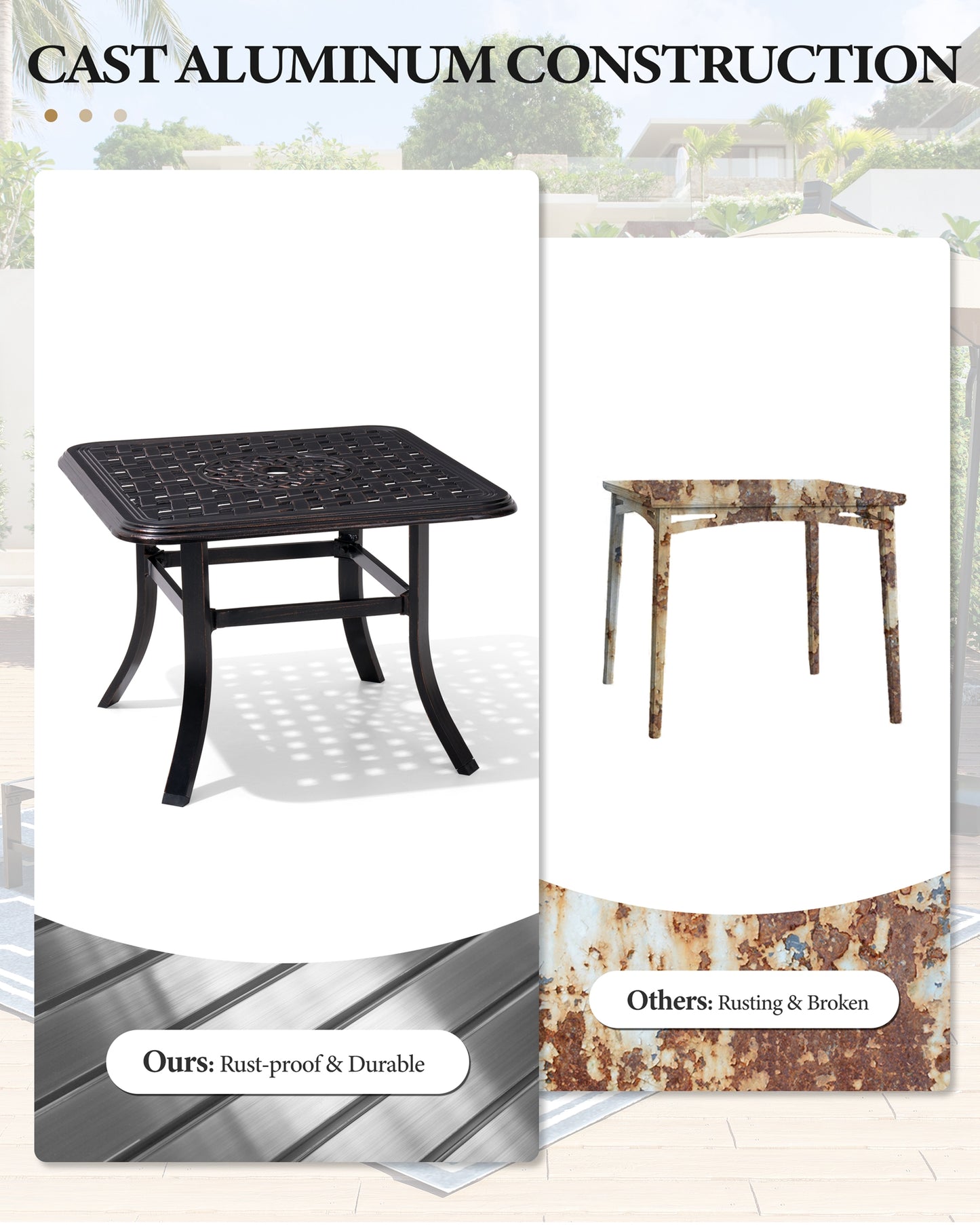 Crestlive Products Black Square Cast Aluminum Outdoor Side Table with Umbrella Hole