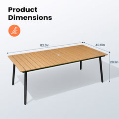 Crestlive Products 83" Patio Outdoor Dining Table for 6-8, Sturdy Aluminum Frame Wood-Grain Top with Umbrella Hole, Brown