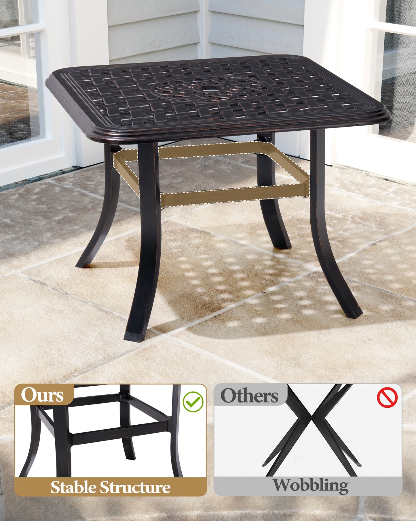 Crestlive Products Black Square Cast Aluminum Outdoor Side Table with Umbrella Hole