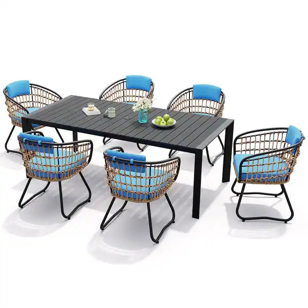 Crestlive Products Outdoor Patio Dining Set Aluminum Table with Umbrella Hole and Rattan Chairs