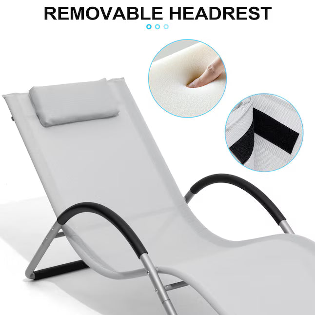 Crestlive Products 1-Piece Light Gray Metal Outdoor Chaise Lounge with Removable Pillow and Textilene Fabric