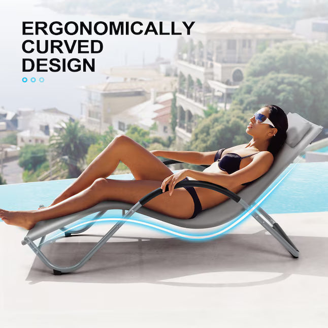 Crestlive Products 1-Piece Light Gray Metal Outdoor Chaise Lounge with Removable Pillow and Textilene Fabric