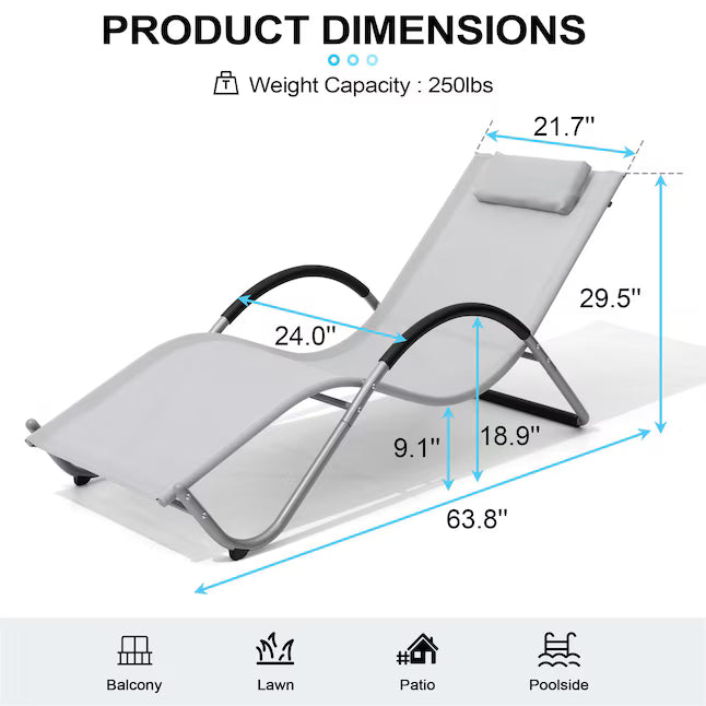 Crestlive Products 1-Piece Light Gray Metal Outdoor Chaise Lounge with Removable Pillow and Textilene Fabric