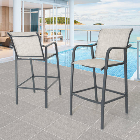 Outdoor patio bar stool set with armrests and breathable textilene sling seating