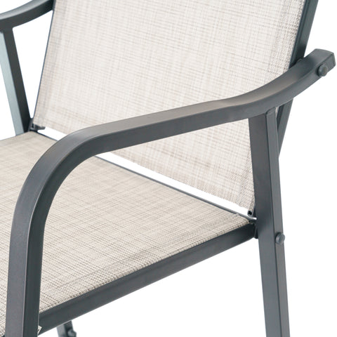 Outdoor patio bar stool armrest detail view