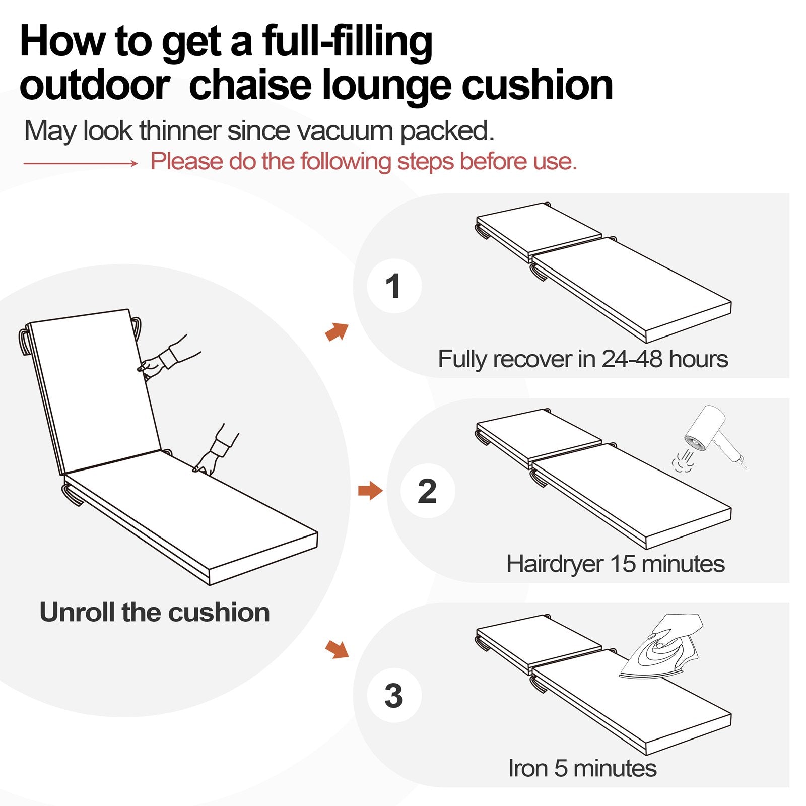 Instructions to fully expand vacuum-packed outdoor chaise lounge cushion by Crestlive Products