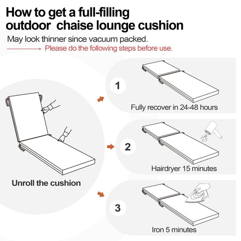 Instructions to fully expand vacuum-packed outdoor chaise lounge cushion by Crestlive Products