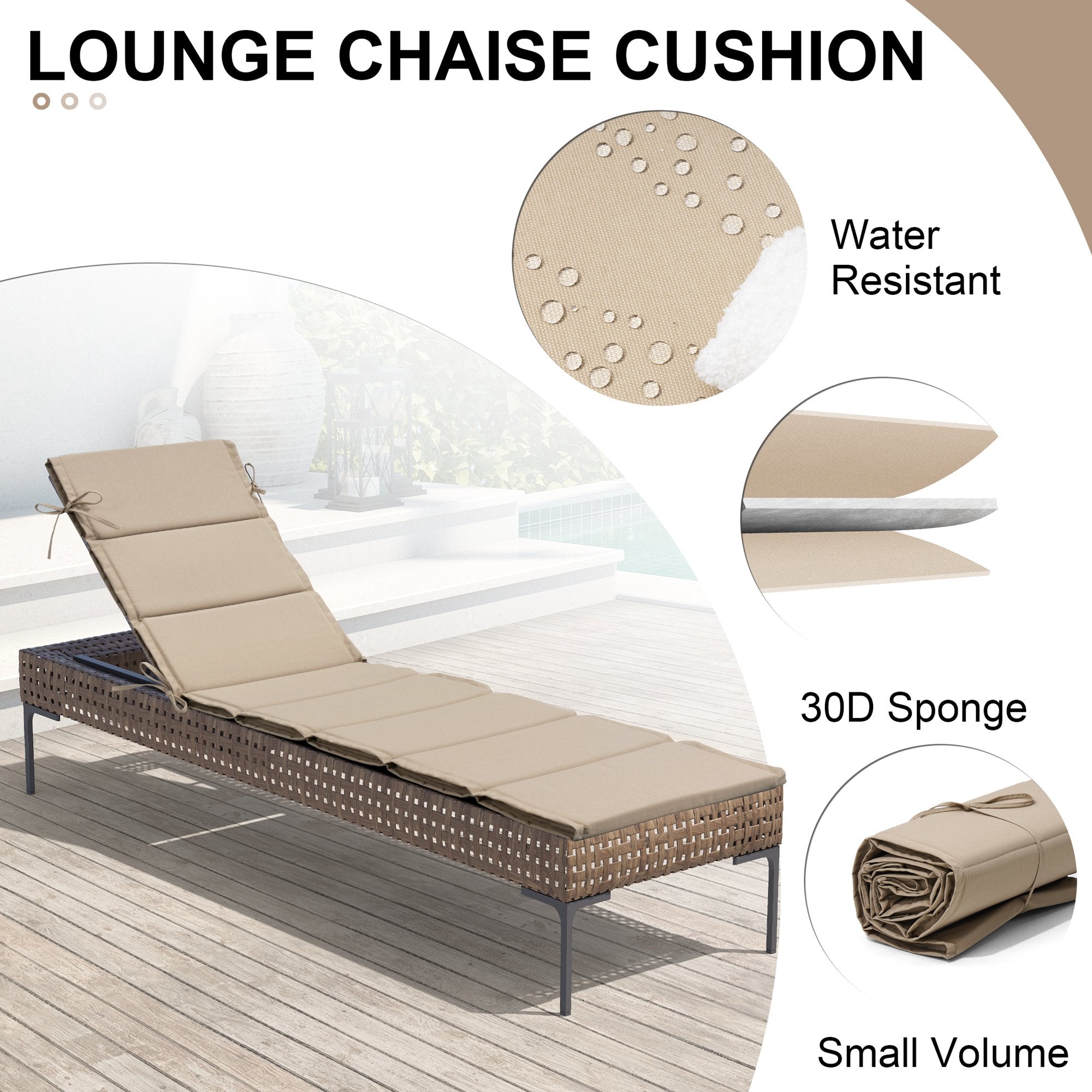Outdoor lounge chaise cushion with water-resistant fabric and supportive 30D sponge