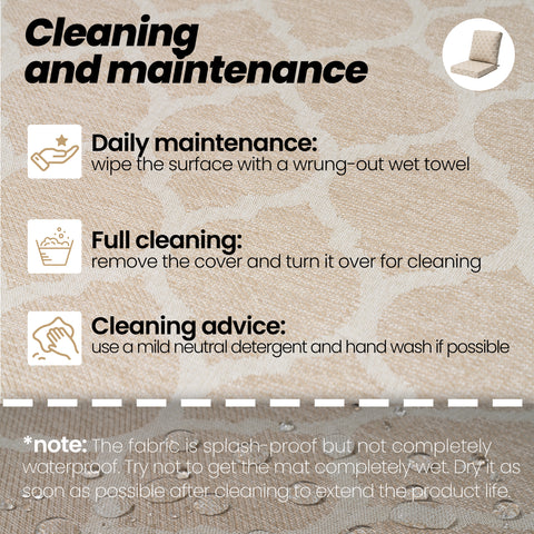 Cleaning and maintenance instructions: wipe surface, remove and wash cover, use mild detergent, air dry