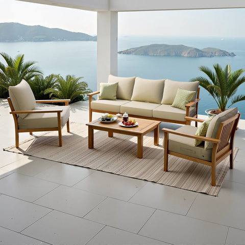 Wooden outdoor conversation set with sofa, armchairs, and coffee table