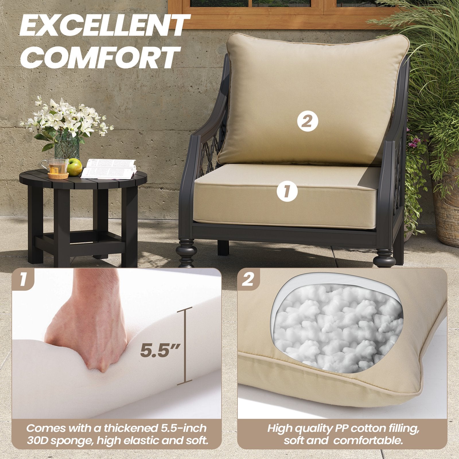 thick 5.5-inch deep seat cushion with 30D sponge and PP cotton filling