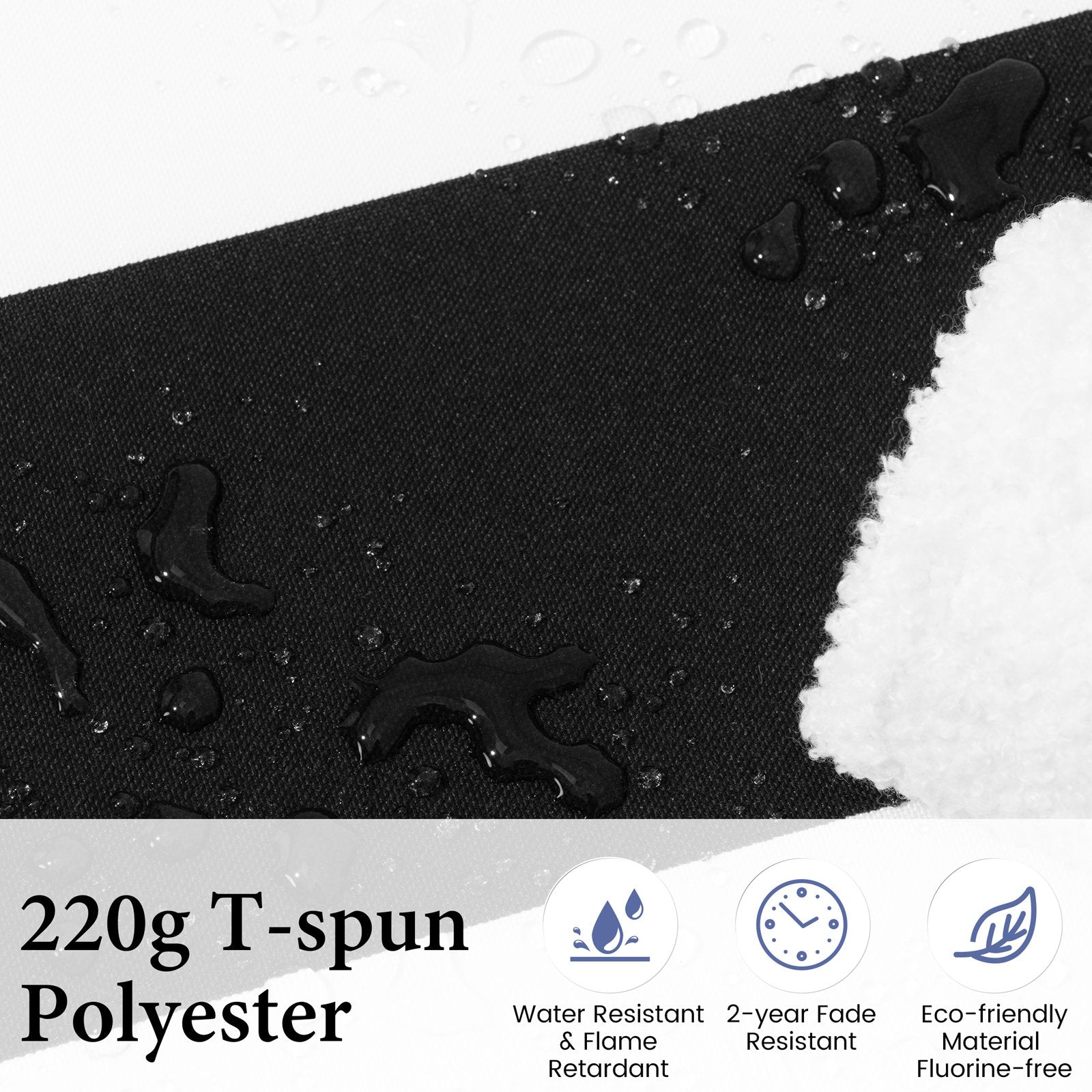 220G T-spun polyester fabric with water resistance, 2-year fade resistance, and eco-friendly, flame retardant, fluorine-free material of Crestlive Products