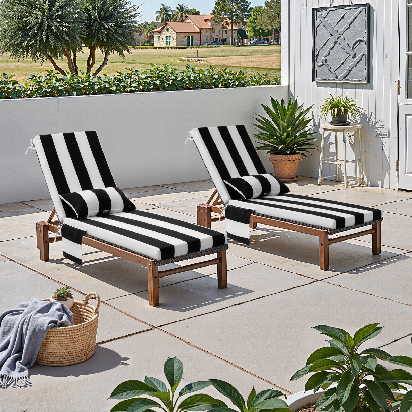 Crestlive Products outdoor chaise lounge cushion with pillow and pockets displayed on a chaise lounge