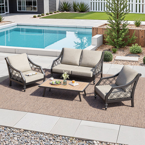 Outdoor deep seat cushions arranged on sofa-style seating and stools by the pool, styled with a small accent table