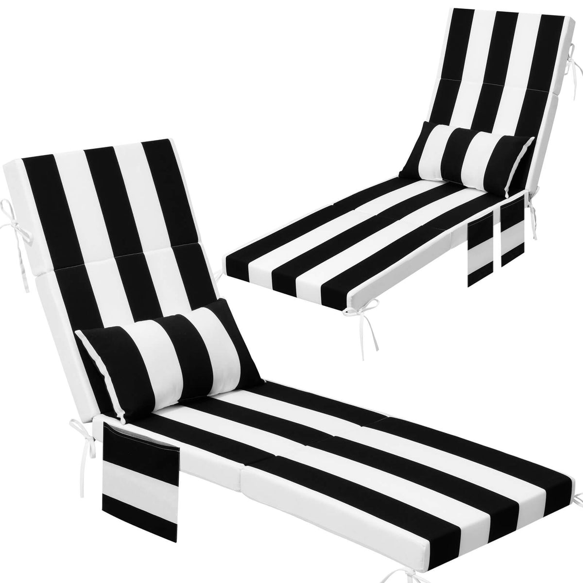 Tri-Fold Outdoor Chaise Lounge Cushion with Pillow & Pockets