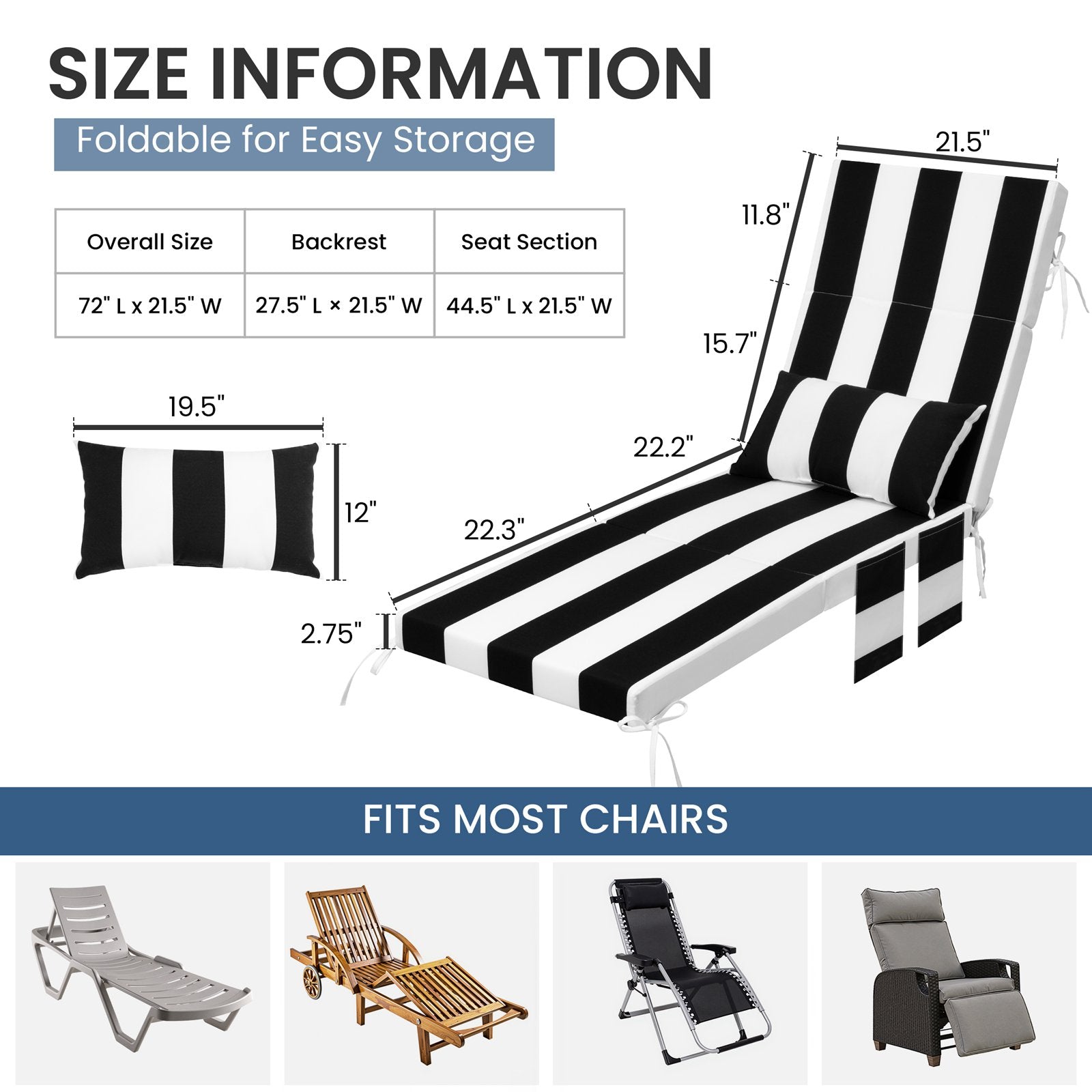 Dimensions and foldable design for easy storage, fits most chairs