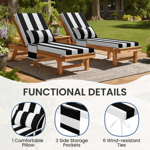 Outdoor chaise lounge cushion showing three side storage pockets, six wind-resistant ties, and included pillow