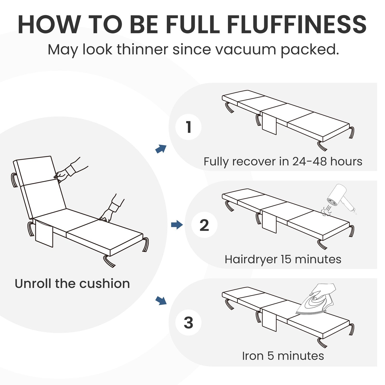 Instructions for restoring outdoor chaise lounge cushion to full fluffiness after unpacking