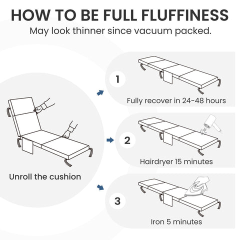 Instructions for restoring outdoor chaise lounge cushion to full fluffiness after unpacking