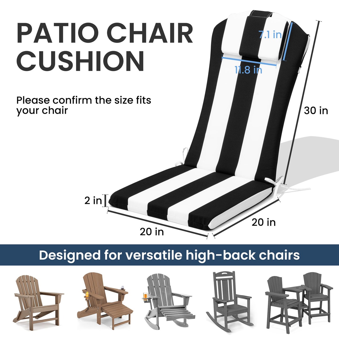 Crestlive Products 50 x 20 in Outdoor Adirondack Chair Cushion with Built-in Headrest