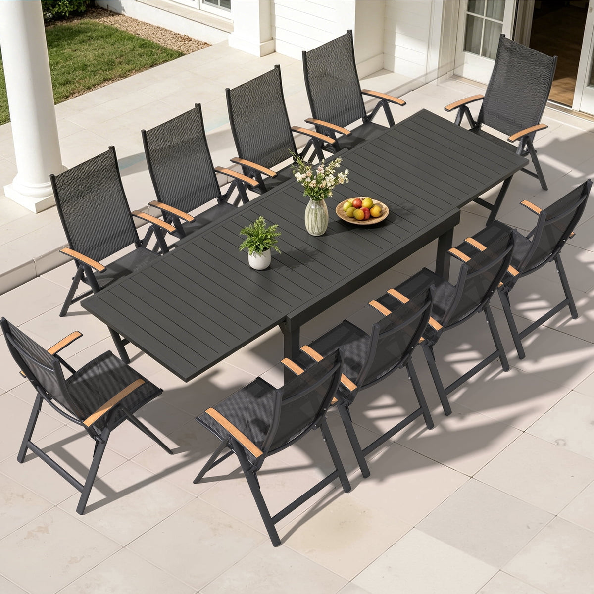 Crestlive 11-Piece 6-10 Person Extendable Outdoor Dining Set, 53"-106" Aluminum Table with Adjustable Backrest Folding Chairs