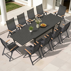 Crestlive 11-Piece 6-10 Person Extendable Outdoor Dining Set, 53"-106" Aluminum Table with Adjustable Backrest Folding Chairs